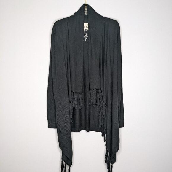 M. Rena Black Long Sleeve Fringe Cardigan Open Front Knit Size M NWT - Picture 1 of 7